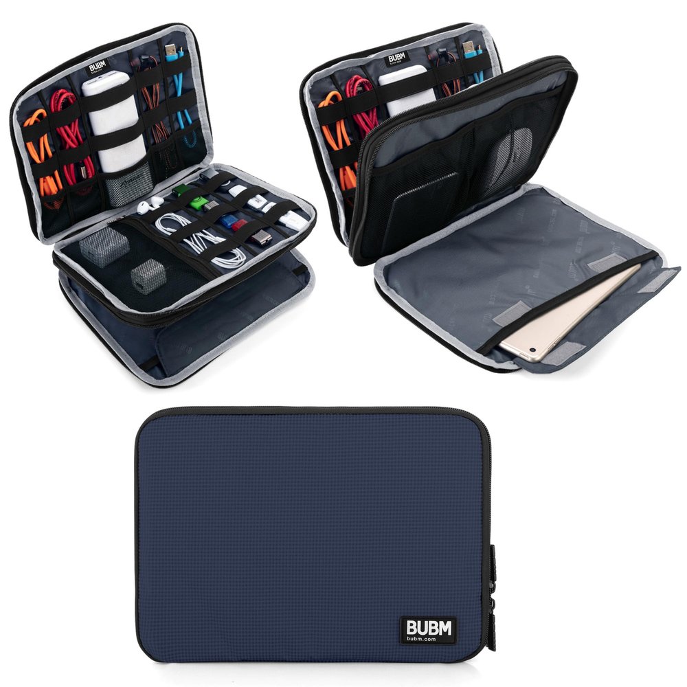 BUBM Double Layer Electronics Organizer, Travel Gadget Bag for Cables, Memory Cards, Flash Hard Drive and More, Fit for iPad or Tablet(up To 9.7")--Large, Dark Blue