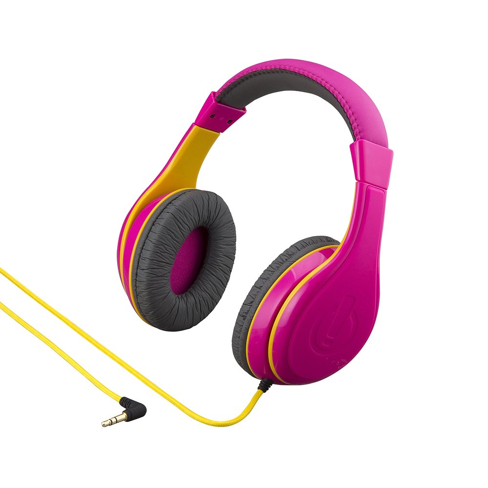 eKids Kids Headphones, Stereo Sound, 3.5mm Jack Cord, Wired Headphones for Kids, Tangle-Free, Volume Control, Childrens Earphones Over Ear for Travel Pink
