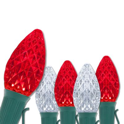 Wintergreen Lighting Set of 100 Red and Cool White Candy Cane C7 OptiCore Outdoor Christmas Lights - Commercial LED Bulbs on Heavy Duty 18 Gauge Green Wire (100 ft)