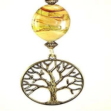 Golden Tree of Life with Neutral Tan, Brown, Green Lampwork Glass and Wood Ceiling Fan Pull