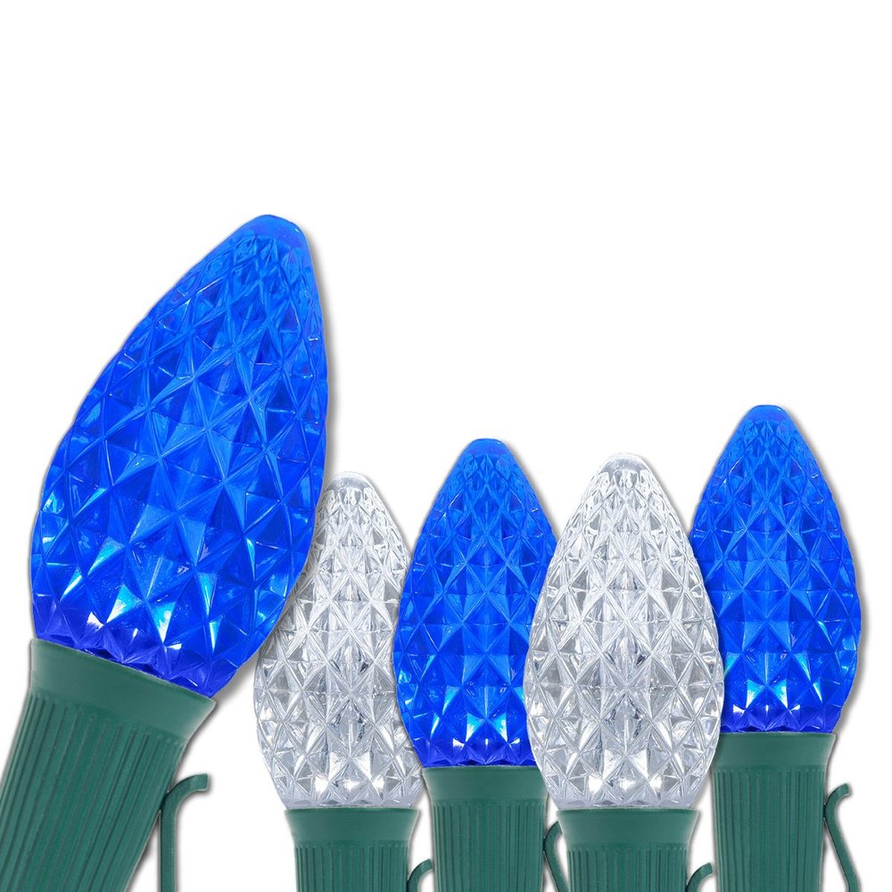 Wintergreen Lighting Set of 50 C7 Blue and White OptiCore Commercial Christmas Lights - Cool White and Blue Outdoor LED Bulbs on Heavy Duty 18 Gauge Green Wire (50 ft)