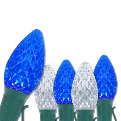 Wintergreen Lighting C7 OptiCore Blue and White Outdoor Christmas Lights - Commercial Grade Cool White and Blue LED Bulbs on Heavy Duty 18 Gauge Green Wire (100 Lights, 100 ft)