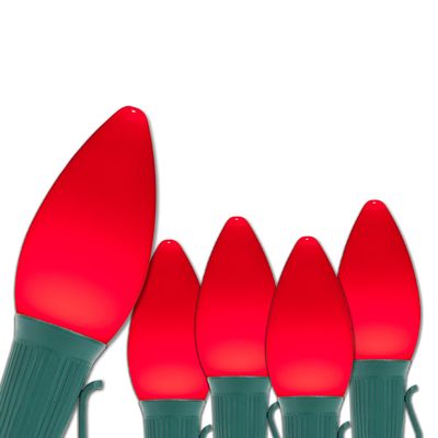Wintergreen Lighting Opticore LED Commercial C7 Red Christmas Lights, Outdoor Rated Bulbs with Vintage Style Ceramic Finish for Valentine's Day, Heavy Duty 18 Gauge Green Wire (100 Lights, 100 ft)