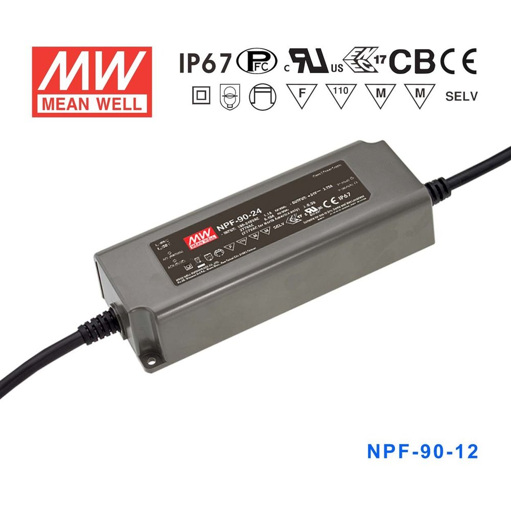 Meanwell NPF-90-12 Power Supply - 90W 12V 7.5A - IP67 PFC