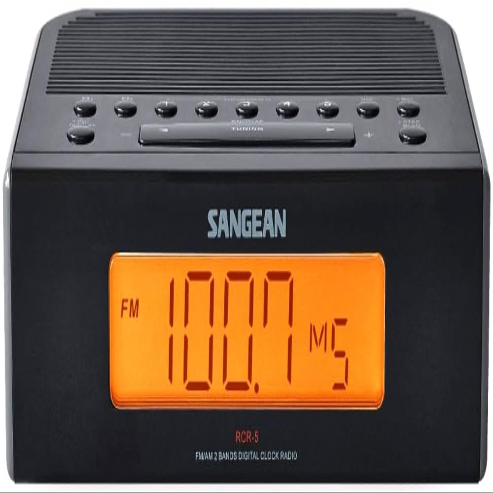Sangean RCR-5BK Compact AM/FM Digital Tuning Clock Radio, Black, 10 Station Presets (5 AM/5 FM), 4 Alarm Timer Options (Weekday/Weekend/Daily/Once), Digital Tuning, Adjustable Tuning Step, Snooze