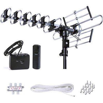 Five Star Outdoor HD TV Antenna Strongest Up to 200 Miles Long Range with Motorized 360 Degree Rotation, UHF/VHF/FM Radio with Infrared Remote Control Advanced Design Plus Installation Kit