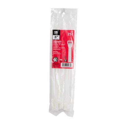 Reusable Cable Tie, White, 8-In., 25-Pk.