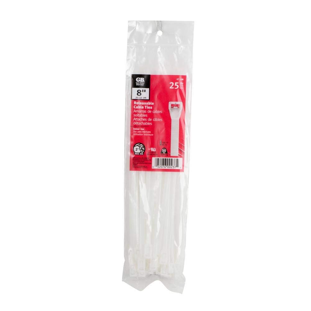 Reusable Cable Tie, White, 8-In., 25-Pk.