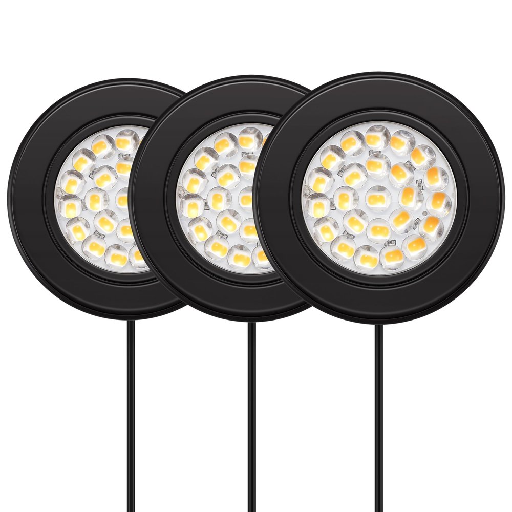GETINLIGHT 2.5-Inch LED Puck Light Kit, 3-Pack, Plug-in, 3000K, Black