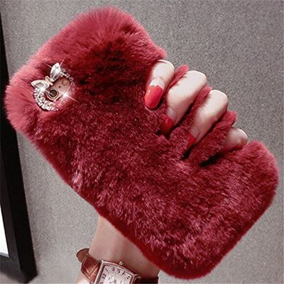 Case for Google Pixel 2,Handmade Rex Rabbit Fur Hair Stylish Cute Fluffy Bling Crystal Rhinestone Soft Furry TPU Case for Google Pixel 2 (2017) (Wine Red)