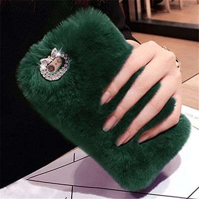 Case for Galaxy C10,Handmade Rex Rabbit Fur Hair Stylish Cute Fluffy Bling Crystal Rhinestone Soft Furry TPU Case for Samsung Galaxy C10 (Dark green)