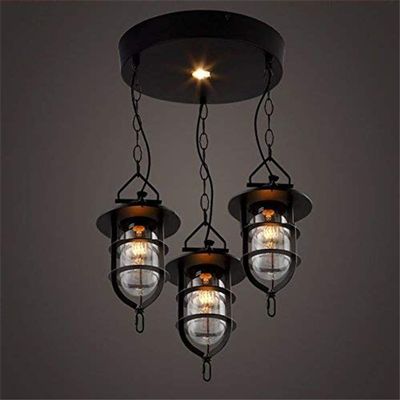 RUNNUP Adjustable Industrial 7.09" Pendant 3 Lights Retro Chandelier Vintage Ceiling Light lamp Indoor Lighting with Black Lantern