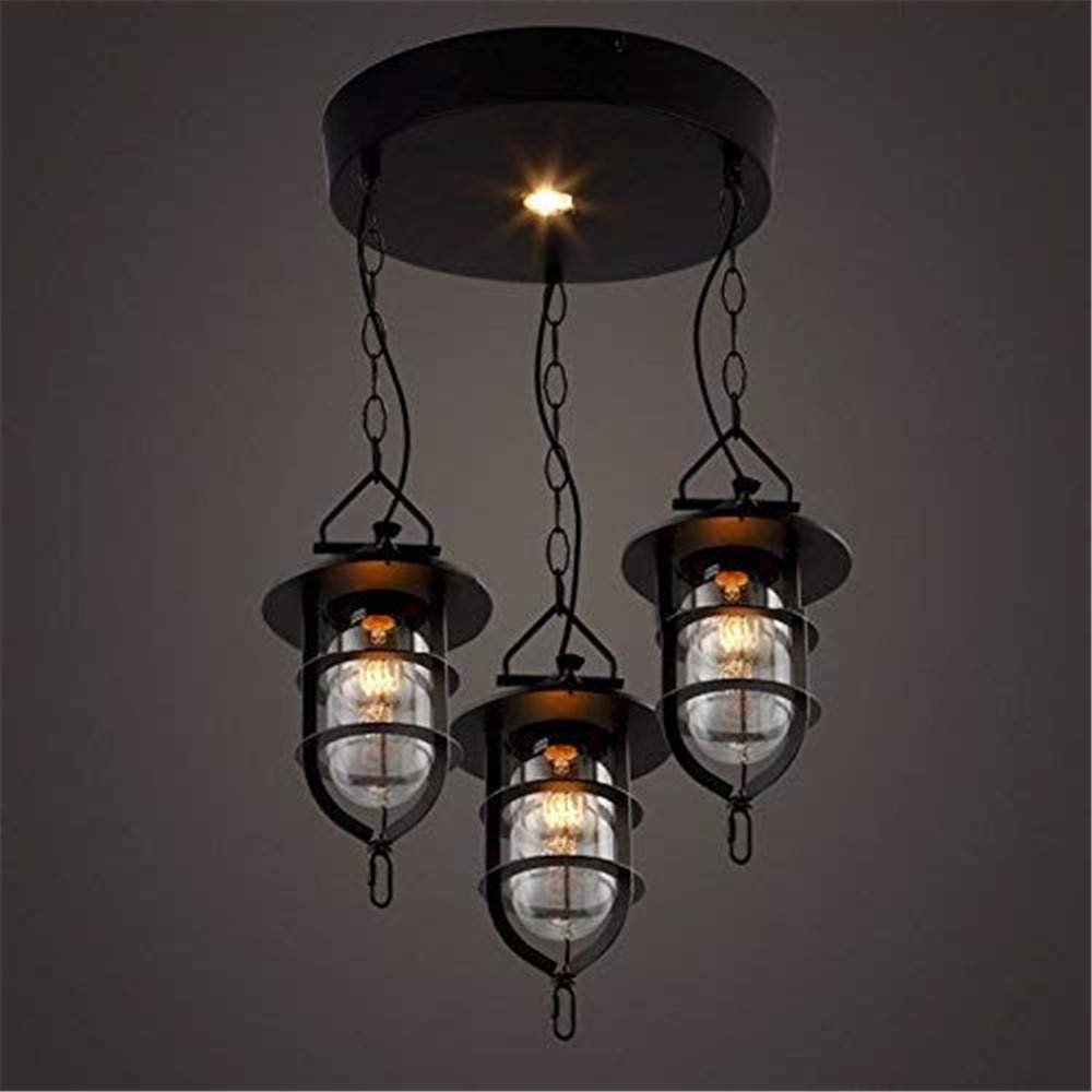 RUNNUP Adjustable Industrial 7.09" Pendant 3 Lights Retro Chandelier Vintage Ceiling Light lamp Indoor Lighting with Black Lantern