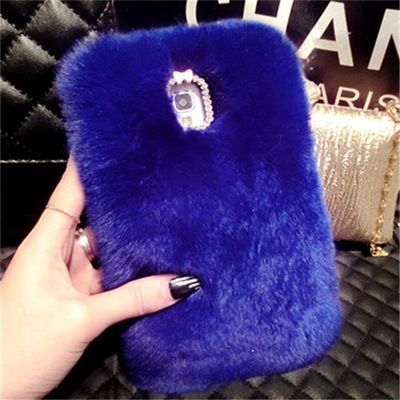 Case for Galaxy A520,Handmade Rex Rabbit Fur Hair Stylish Cute Fluffy Bling Crystal Rhinestone Soft Furry TPU Case for Samsung Galaxy A520 A5 2017 (Dark Blue)