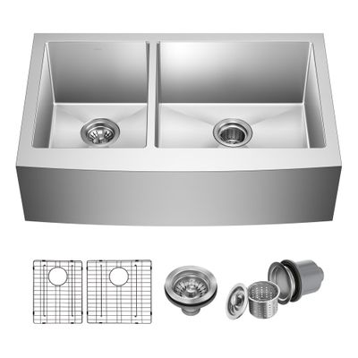 Kraus KHF204-33 Standart PRO Kitchen Stainless Steel Sink, 16 Gauge, 33" Undermount Round Apron 40/60 Double Bowl Kitchen Sink