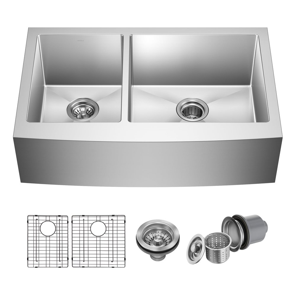 Kraus KHF204-33 Standart PRO Kitchen Stainless Steel Sink, 16 Gauge, 33" Undermount Round Apron 40/60 Double Bowl Kitchen Sink