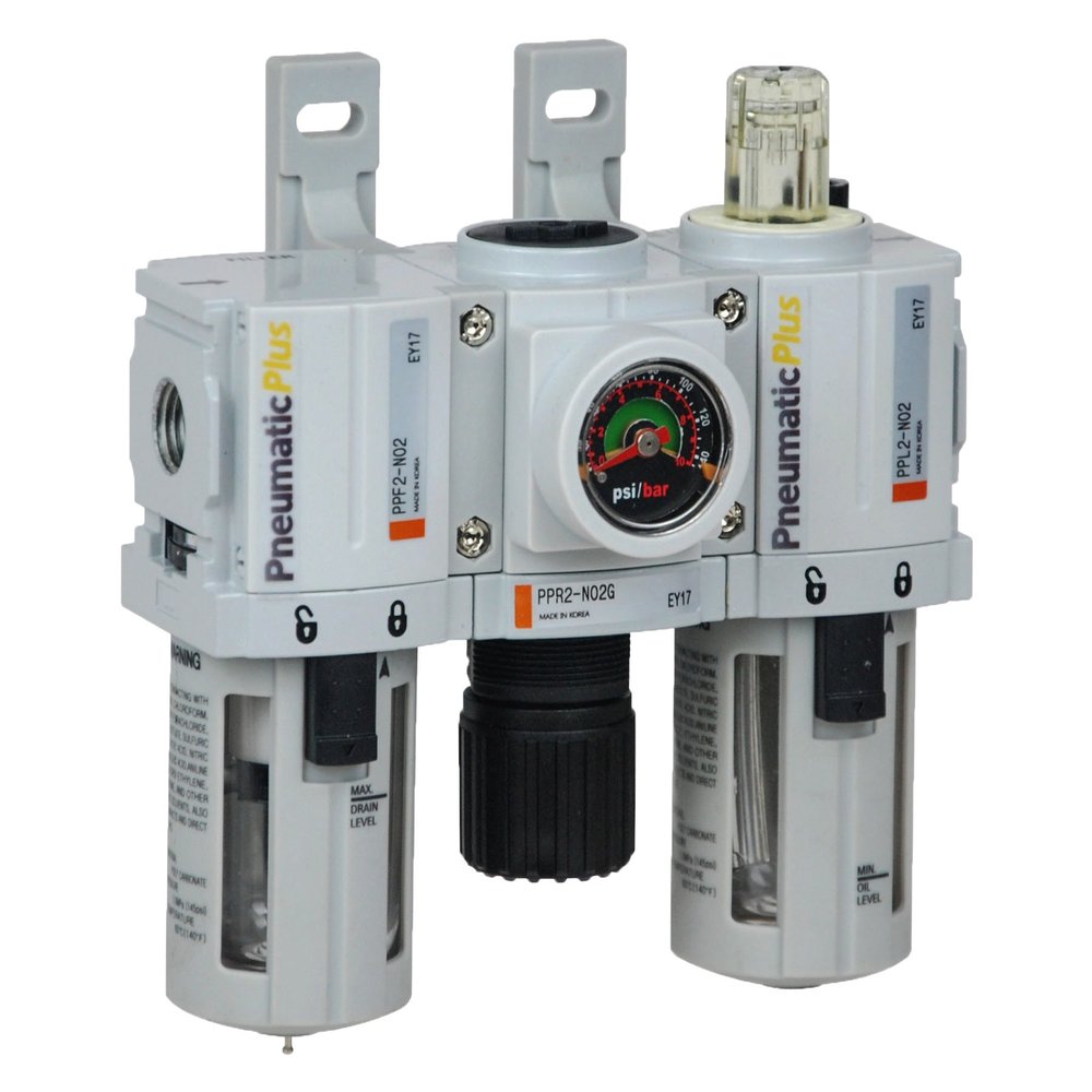 PneumaticPlus PPC2-N02DG Mini Compressed Air Filter Regulator Lubricator Combo 1/4" NPT - Poly Bowl, Auto Drain, Embedded Gauge