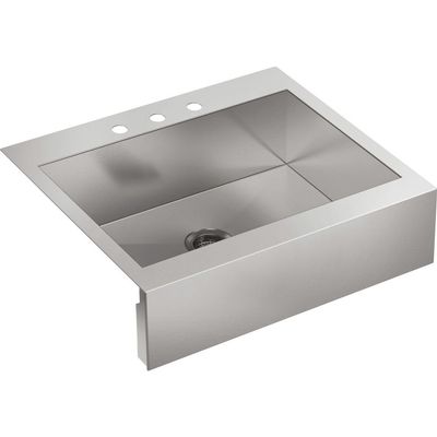 KOHLER Vault 30" Single Bowl 18-Gauge Stainless Steel Farmhouse Apron Front Kitchen Sink with Three Faucet Holes Top Mount Installation K-3935-3-NA