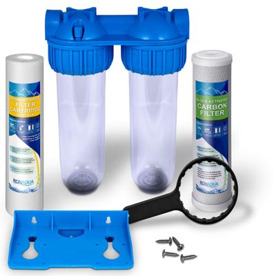 Dual Whole House Water Filter System, Transparent Standard Housings, Presser Relief Button, 3/4 Inlet/Outlet Brass Port, Meets NSF Standards & Regulations (Carbon Block and Sediment Filters)