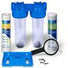 Dual Whole House Water Filter System, Transparent Standard Housings, Presser Relief Button, 3/4 Inlet/Outlet Brass Port, Meets NSF Standards & Regulations (Carbon Block and Sediment Filters) view 1