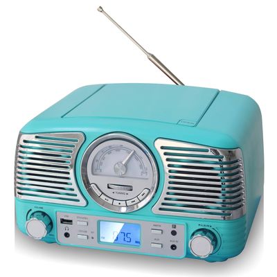 TechPlay QT62BT Turqouise , Retro design compact stereo CD, with AM/FM rotary knob, Wireless Bluetooth reception and USB port. With AUX in and headphone jack