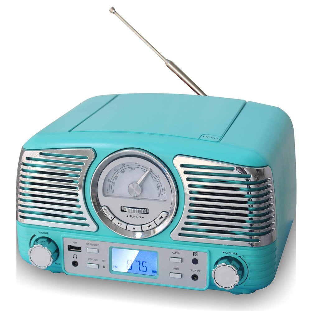 TechPlay QT62BT Turqouise , Retro design compact stereo CD, with AM/FM rotary knob, Wireless Bluetooth reception and USB port. With AUX in and headphone jack
