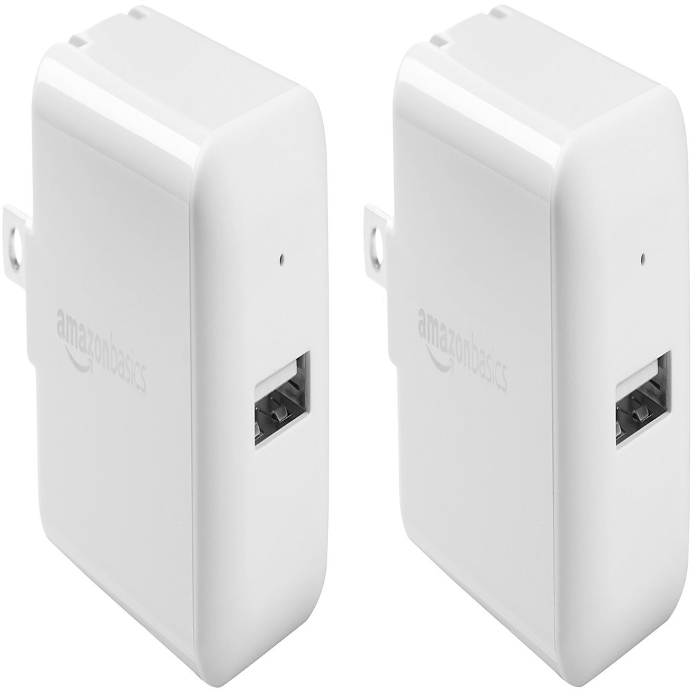 Amazon Basics 12W One-Port USB-A Wall Charger (2.4A), Portable, for Phones (iPhone 16/15/14/13/12/11/X, Samsung, and more), 2-Pack, White