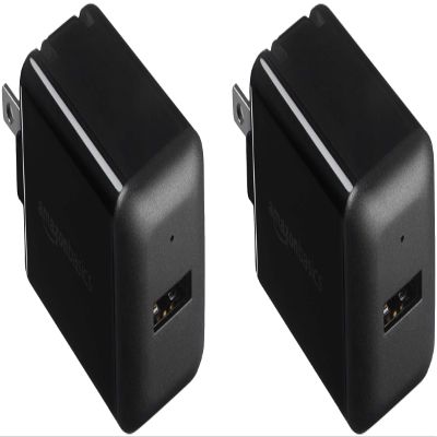 Amazon Basics 12W One Port USB-A Portable Wall Charger (2.4A) for Phones (iPhone 16/15/14/13/12/11/X, Samsung, and more), 2-Pack, Black