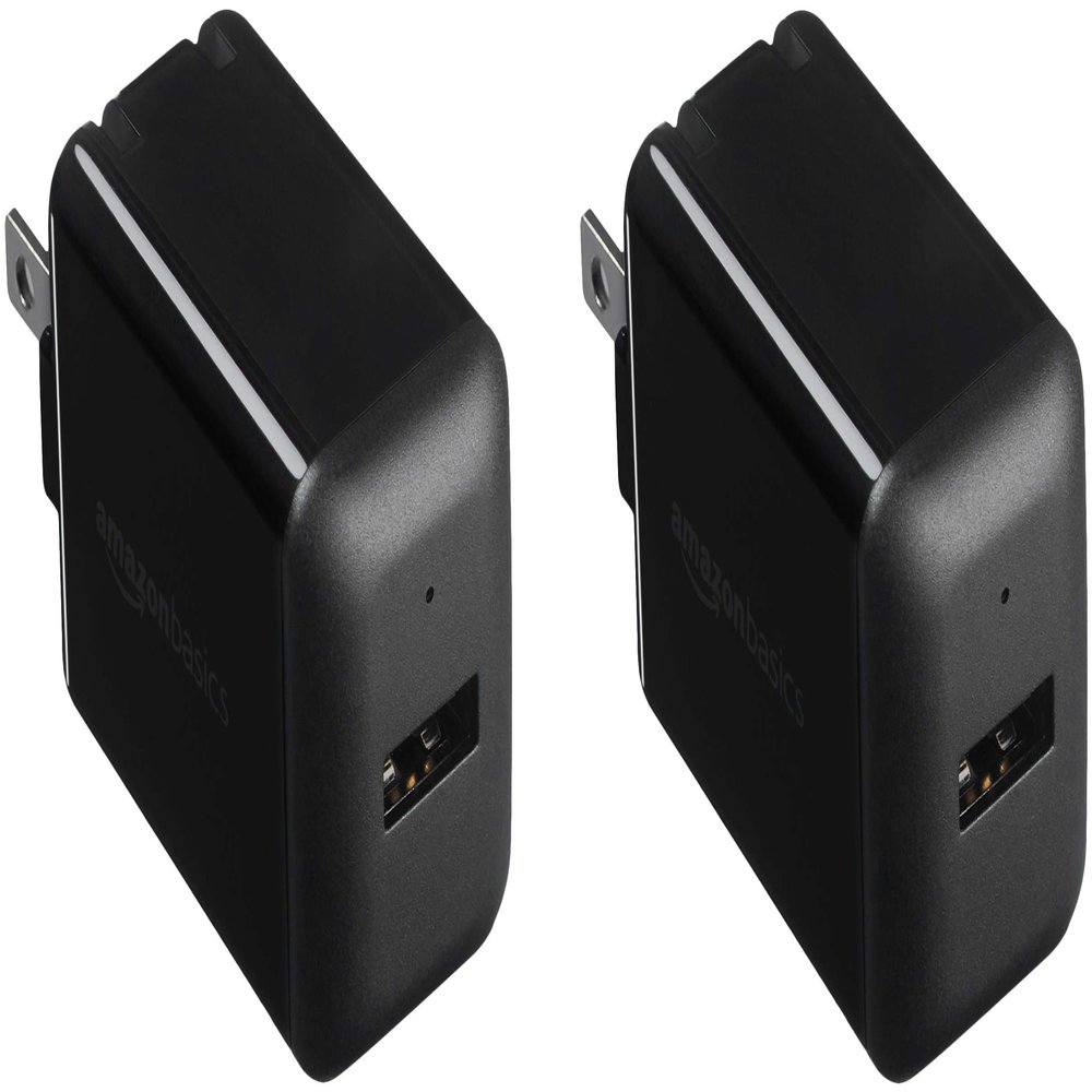 Amazon Basics 12W One Port USB-A Portable Wall Charger (2.4A) for Phones (iPhone 16/15/14/13/12/11/X, Samsung, and more), 2-Pack, Black