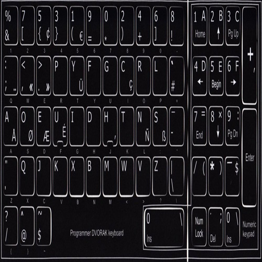 Dvorak Programmer Keyboard Stickers Non Transparent Black Background