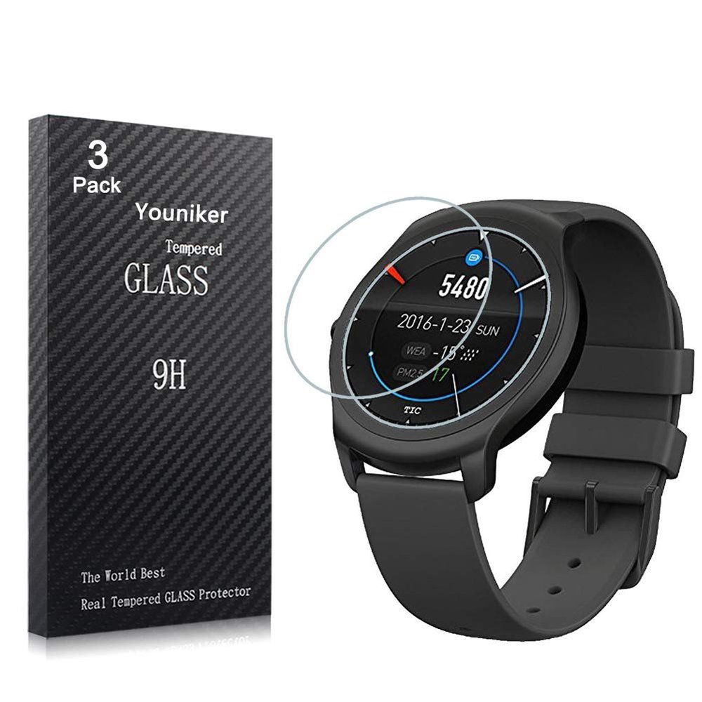 Youniker 3 Pack Ticwatch 2 Screen Protector Tempered Glass, Ticwatch 2 Smartwatch Screen Protector Foils Glass 9H Hardness 0.3MM Slim,Anti-Scratch, Anti-Fingerprint,Bubble Free