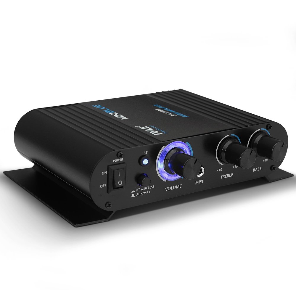Pyle Wireless Bluetooth Home Audio Amplifier - 90W Dual Channel Mini Portable Power Stereo Sound Receiver w/ Speaker Selector, RCA, AUX, LED, 12V Adapter - For Smartphone PA, Studio Use - PFA330BT