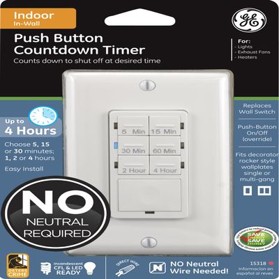 GE Push-Button in-Wall Countdown Timer Switch, On/Off, No Neutral Wire Needed, Ideal for Lights, Bathroom Fan, Exhaust Fans, Heaters, Wall Plate Included, 15318