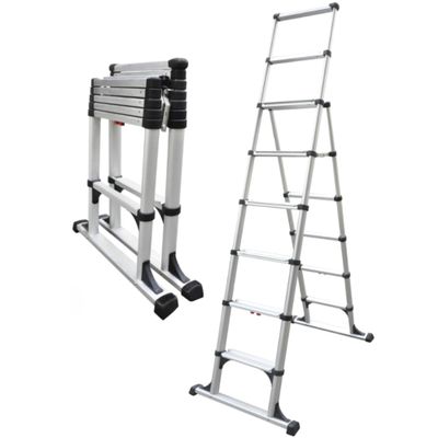 Telesteps 12ES Telescoping A-Frame Ladder 8 ft Height, 12 ft Reach | Type 1AA 375 lb Rated | Compact Folding Aluminum Ladder with Stair Offset, Safety Locks & Wide Stabilizer
