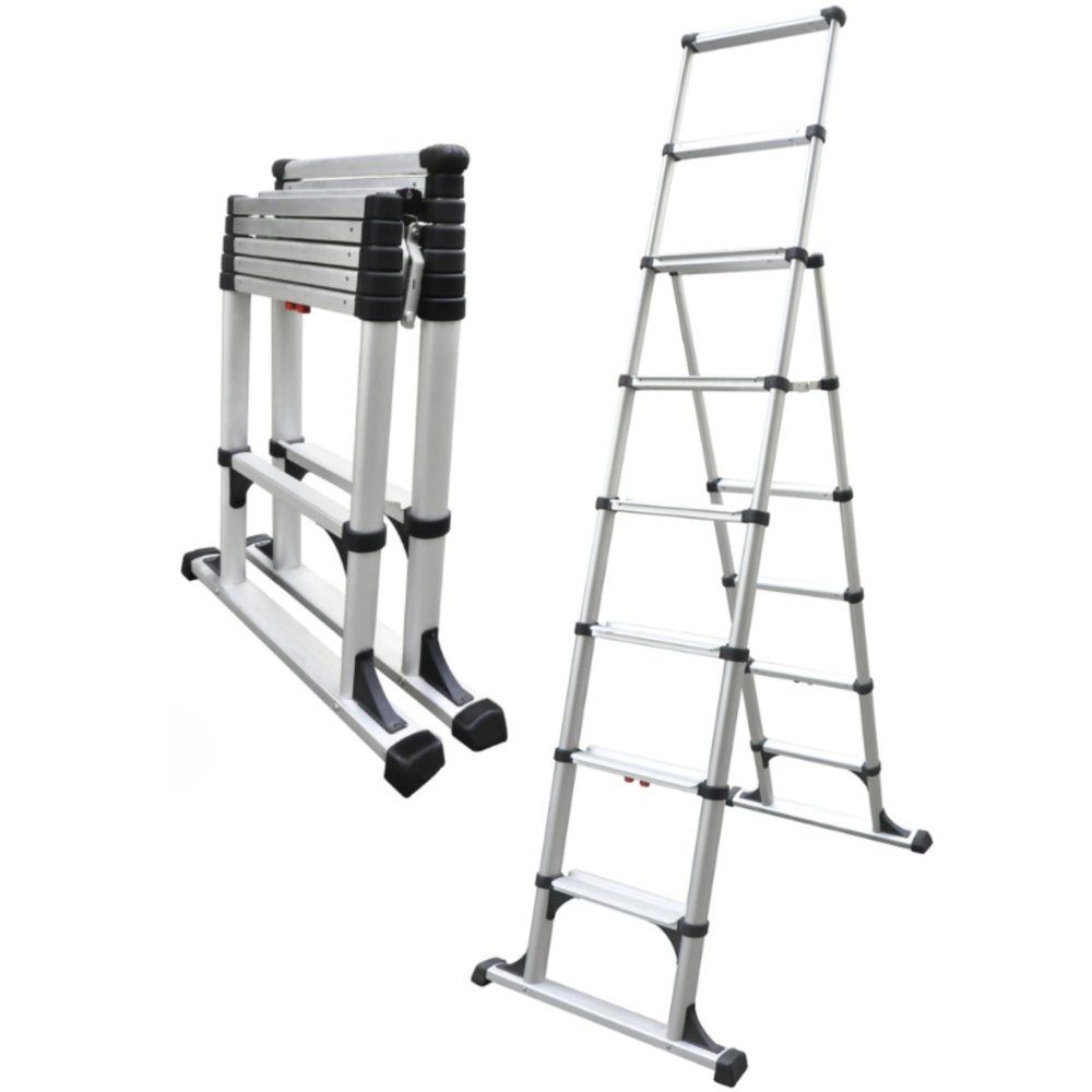 Telesteps 12ES Telescoping A-Frame Ladder 8 ft Height, 12 ft Reach | Type 1AA 375 lb Rated | Compact Folding Aluminum Ladder with Stair Offset, Safety Locks & Wide Stabilizer