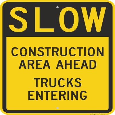 SmartSign 24 x 18 inch Slow - Construction Area Ahead, Trucks Entering Metal Sign, 80 mil Laminated Rustproof Aluminum, Black and Yellow, Made in USA