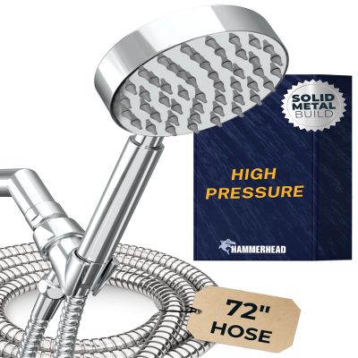HammerHead Showers Solid Metal Handheld Shower Head with Hose and Brass Holder - CHROME - 2.5 GPM High Pressure Shower Heads with Adjustable Shower Wand Bracket - 6ft Flexible Extension
