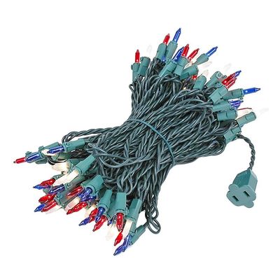 Novelty Lights 50 Feet 100 Bulbs Traditional Incandescent Mini Lights, Red/White/Blue on Green Wire with 6" Spacing, Commercial Grade and UL Listed for Indoor/Outdoor Use, End-to-End Connectable