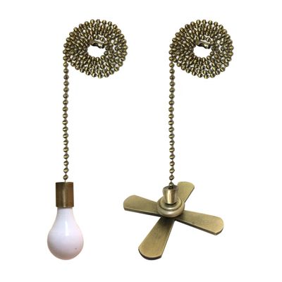 Royal Designs Ceiling Fan Pull Chain Beaded Ball Extension Chain with Decorative Fan and Light Bulb, Antique Brass, Set of 2