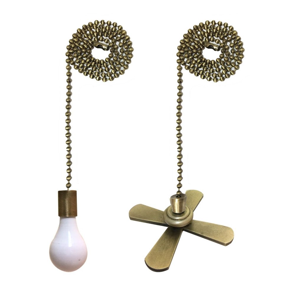 Royal Designs Ceiling Fan Pull Chain Beaded Ball Extension Chain with Decorative Fan and Light Bulb, Antique Brass, Set of 2