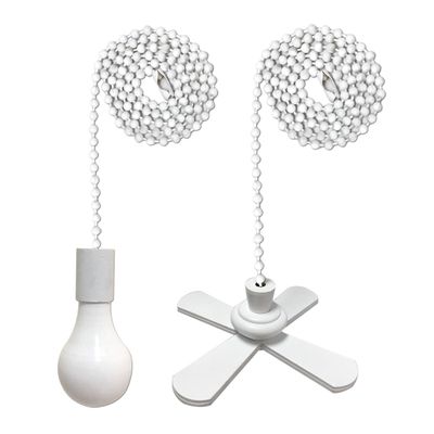 Royal Designs Celling Fan Pull Chain Beaded Ball Extension Chain with Decorative Fan and Light Bulb, White, Set of 2