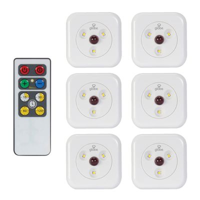 Globe Electric LED Under Cabinet Slim Puck Light 6-Pack, Universal Remote Control Included, Dimmable, Push Button On/Off Switch, White Finish, 18 Batteries Included, 3000K Soft White,26044, 55 Lumen