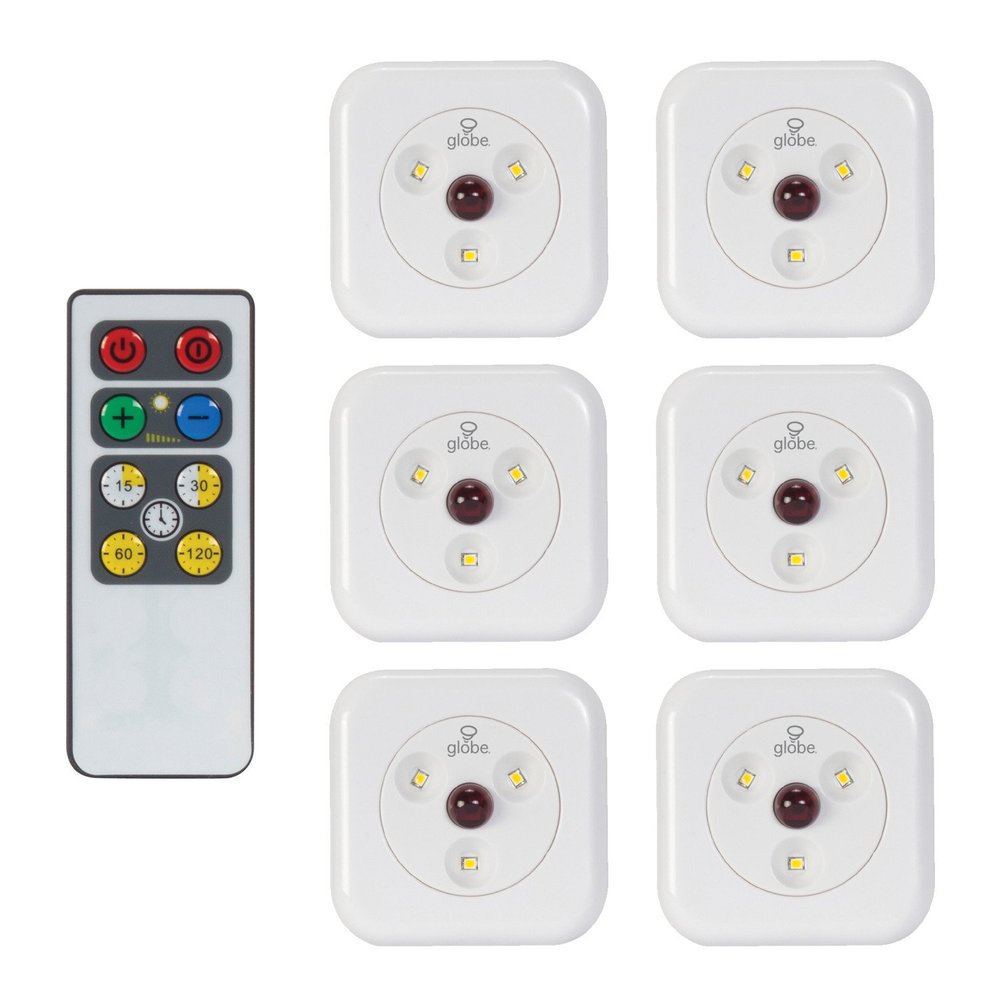 Globe Electric LED Under Cabinet Slim Puck Light 6-Pack, Universal Remote Control Included, Dimmable, Push Button On/Off Switch, White Finish, 18 Batteries Included, 3000K Soft White,26044, 55 Lumen