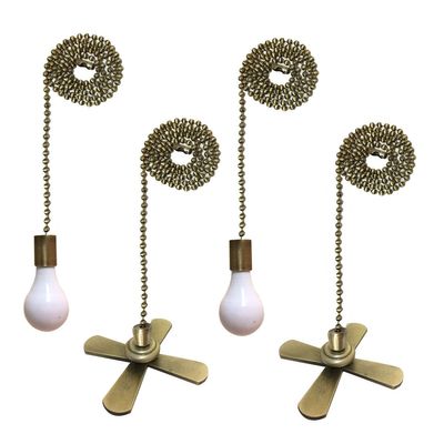 Royal Designs Celling Fan Pull Chain Beaded Ball Extension Chain with Decorative Fan and Light Bulb, Antique Brass, Set of 4