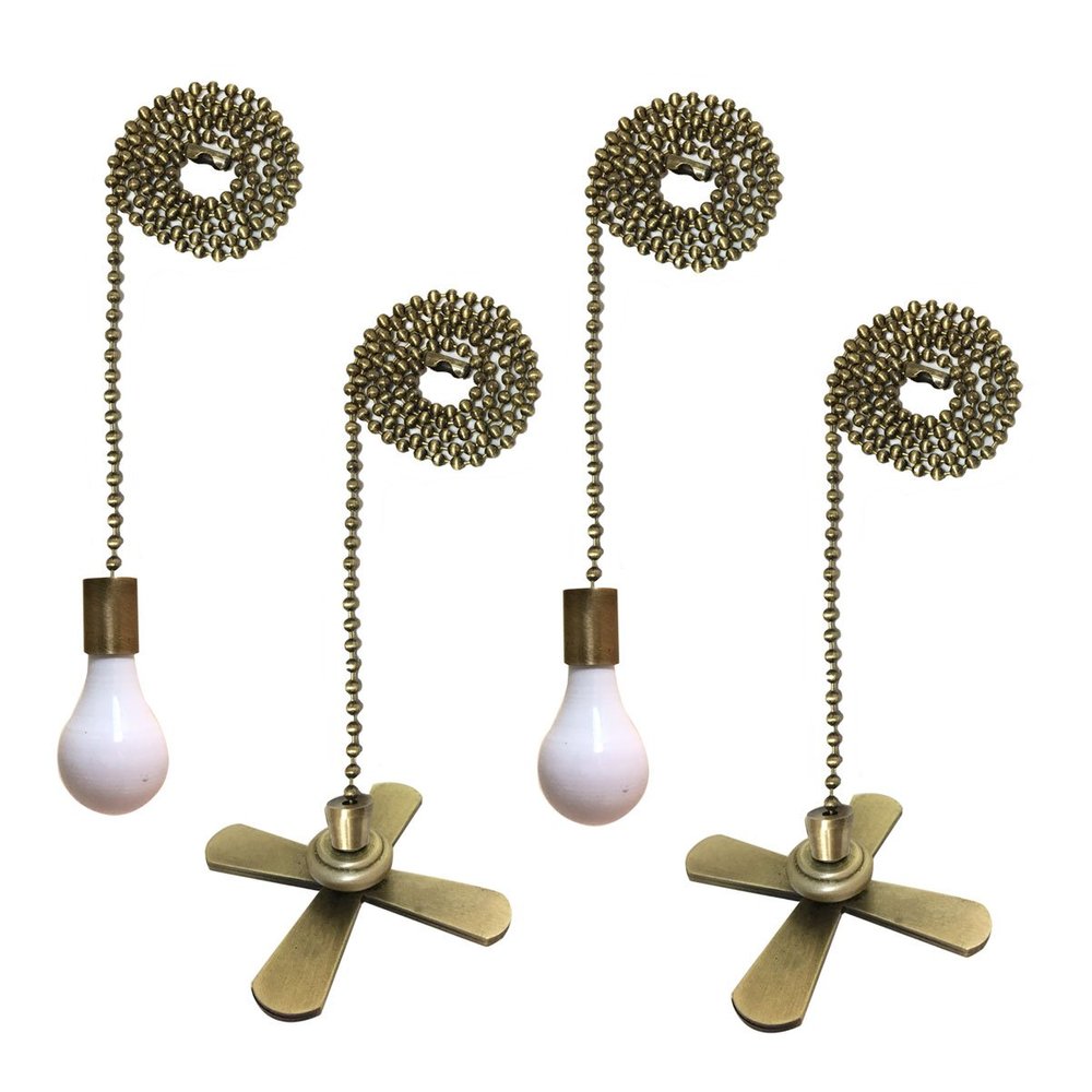 Royal Designs Celling Fan Pull Chain Beaded Ball Extension Chain with Decorative Fan and Light Bulb, Antique Brass, Set of 4