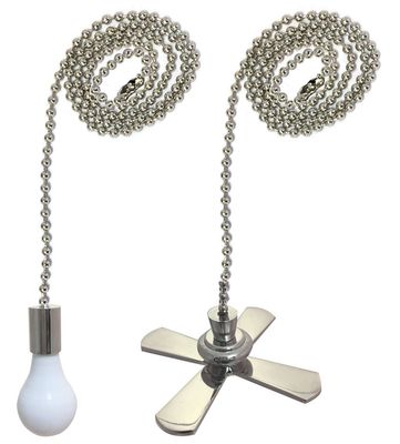 Royal Designs Celling Fan Pull Chain Beaded Ball Extension Chain with Decorative Fan and Light Bulb, Nickel Plated, Set of 2