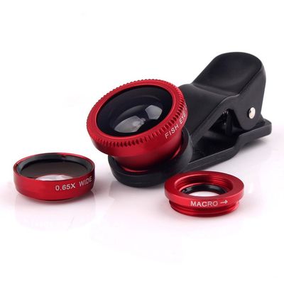 Livestream - Universal Clip 3 in 1 Cell Phone Camera Lens Kit - Fish Eye Lens / 2 in 1 Macro Lens & Wide Angle Lens. Get Enhanced View While Live Streaming. (Red)