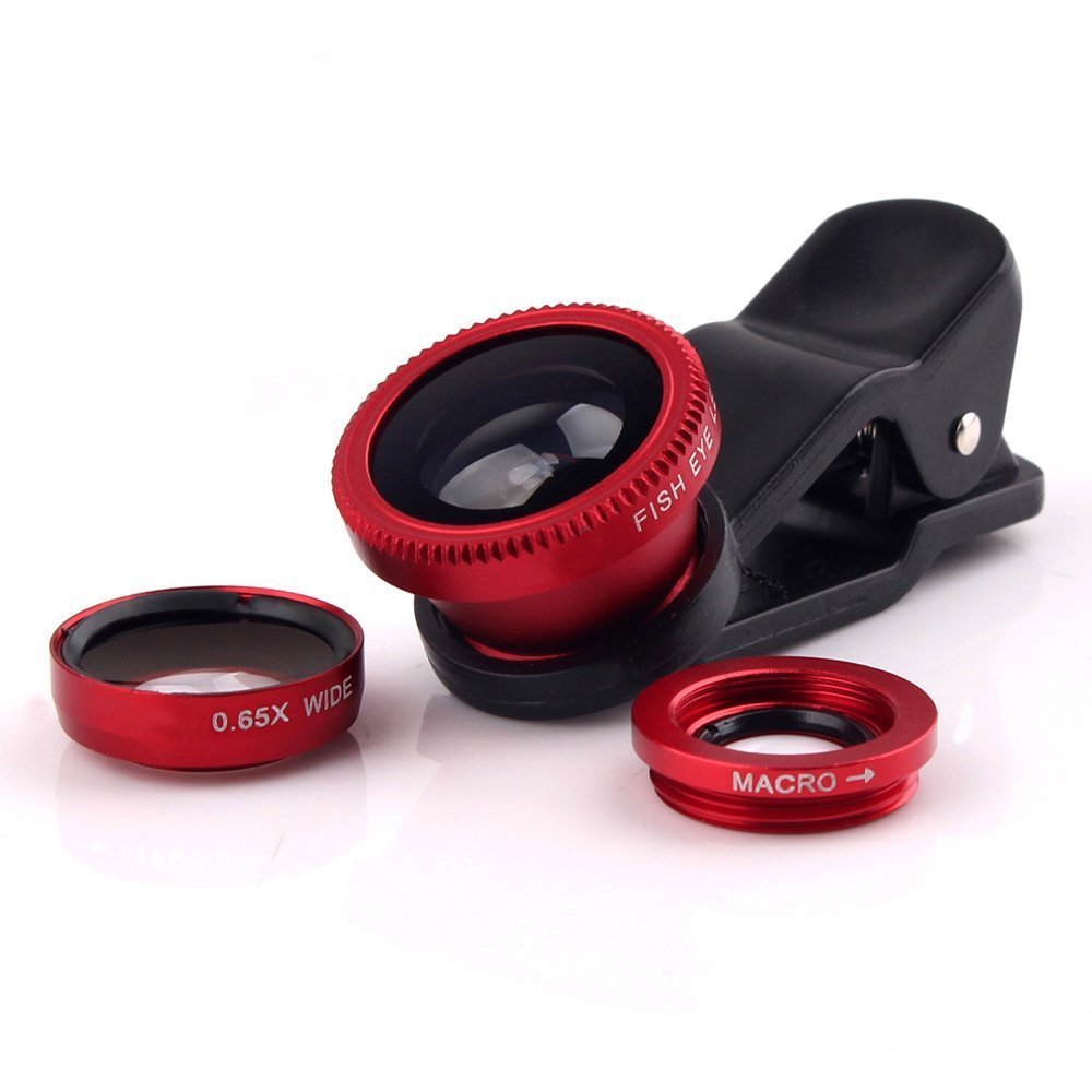 Livestream - Universal Clip 3 in 1 Cell Phone Camera Lens Kit - Fish Eye Lens / 2 in 1 Macro Lens & Wide Angle Lens. Get Enhanced View While Live Streaming. (Red)
