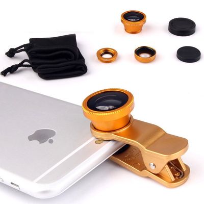 Livestream - Universal Clip 3 in 1 Cell Phone Camera Lens Kit - Fish Eye Lens / 2 in 1 Macro Lens & Wide Angle Lens. Get Enhanced View While Live Streaming. (Gold)