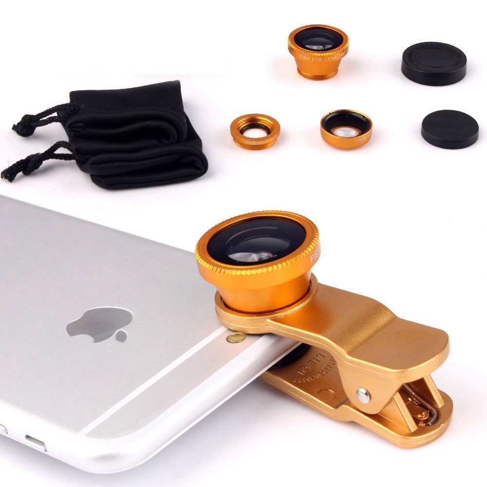 Livestream - Universal Clip 3 in 1 Cell Phone Camera Lens Kit - Fish Eye Lens / 2 in 1 Macro Lens & Wide Angle Lens. Get Enhanced View While Live Streaming. (Gold)